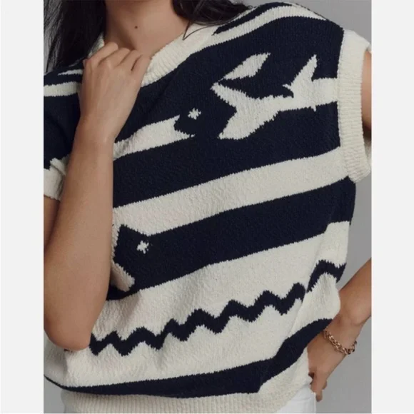 Anthropologie Maeve Crewneck Fish Motif Sweater Vest Cream Blue Large Sardine - Picture 4 of 13